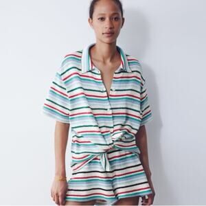 Zara | Knit collared shirt striped short sleeve white & blue oversized small